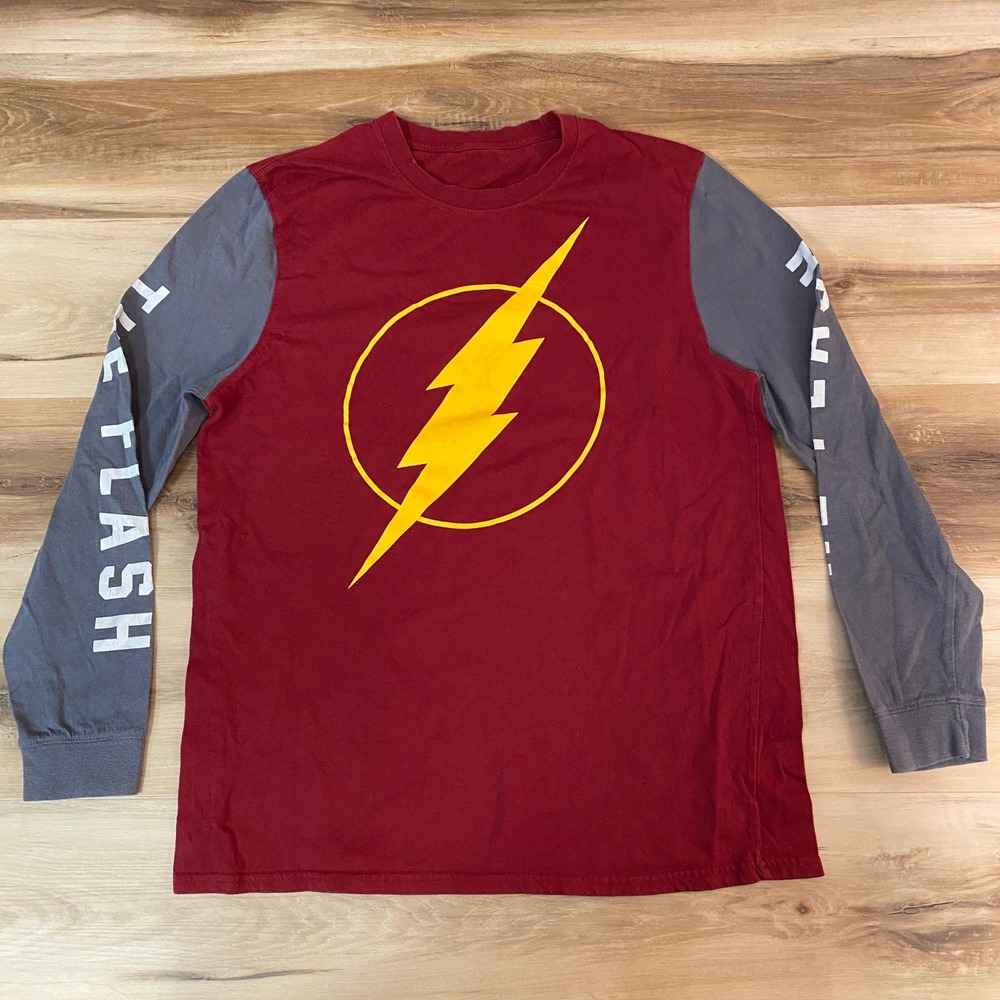 The Flash Long Sleeve Shirt Mens Medium Red Gray Comic Superhero Graphic Sheldon